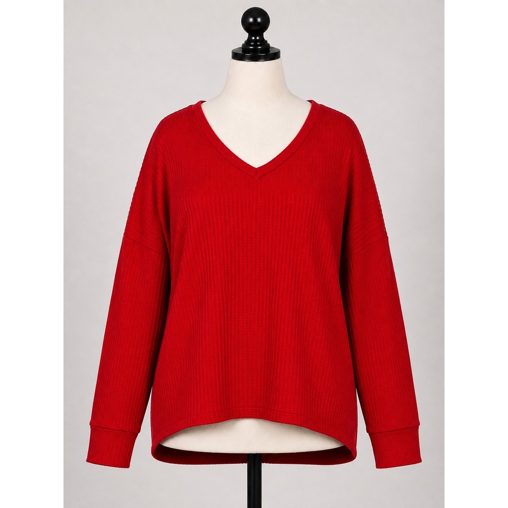 Zenana Outfitters Red Waffle Knit V-Neck Top Oversized XL Capsule Wardrobe